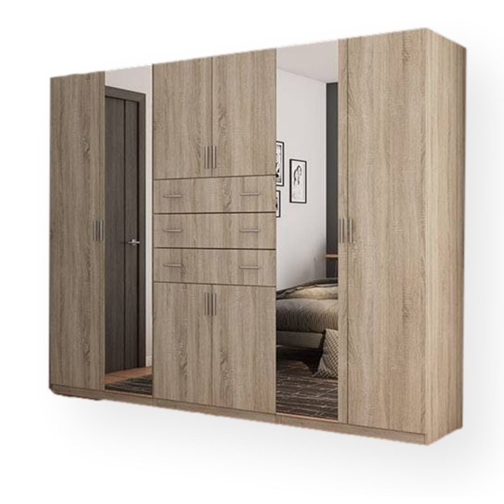 Dulap, Meblast, Premium lucrate manual, 225 cm x 210 cm x 57 cm, Sifonier, PAL 18 mm, HDF de 3 mm, PVC 0.8 mm, MDF, Numar de usi 8, Numar de sertare 3, Cu oglinda - 2 buc, Sonoma Bright