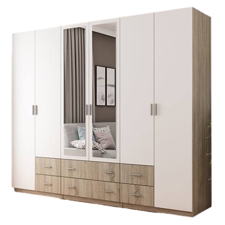 Dulap, Meblast, Premium lucrate manual, 270 cm x 220 cm x 57 cm, Sifonier, PAL 18 mm, HDF de 3 mm, PVC 0.8 mm, Numar de usi 6, Numar de sertare 6, Cu oglinda - 2 buc, Sonoma Bright /Alb