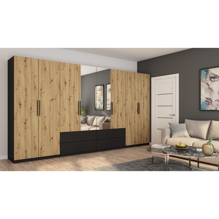 Dulap, Meblast, Premium lucrate manual, 400 cm x 220 cm x 57 cm, Sifonier, PAL 18 mm, HDF de 3 mm, PVC 0.8 mm, Numar de usi 8, Numar de sertare 4, Cu oglinda - 2 buc, Negru/Stejar Artisan