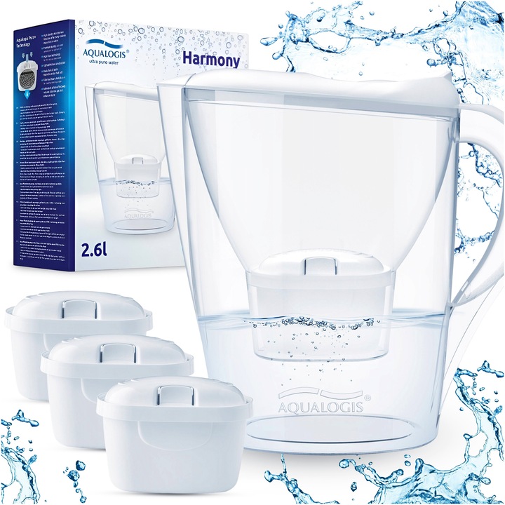 Aqualogis Harmony cana filtranta alba 2,6 l, apa filtrata 1,6 l, indicator electronic, sistem SmartFit, cu 3 filtre Pure+ WQA, capacitate 150–200 l fiecare, compatibila si cu Ultra+