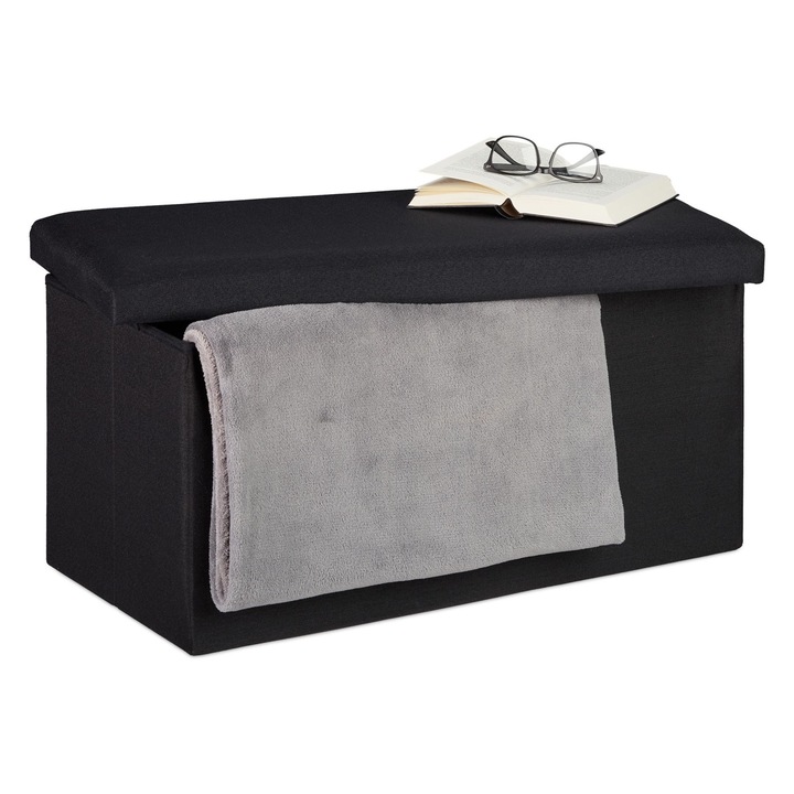 Banca 2 locuri cu spatiu de depozitare, Relaxdays, dimensiuni 38 x 76,5 x 38,5 cm, negru