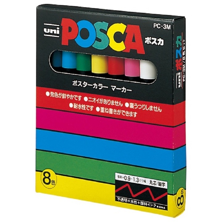 Маркери Uni Posca PC3M, С фин връх 0.9-1.3 мм, Многоцветен, Комплект от 8
