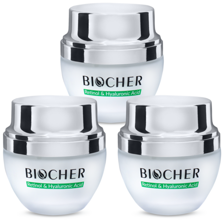 Crema hidratanta pentru fata, Anti Acnee, Pete Pigmentare, Biocher cu Retinol si Acid Hialuronic pentru toate tipurile de ten, 3 buc x 50 ml