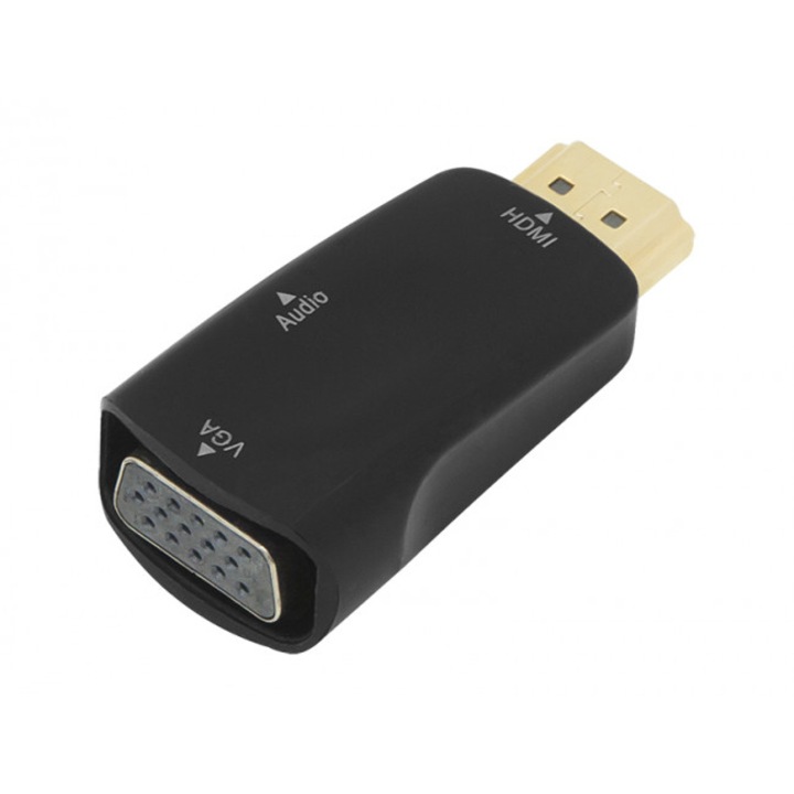 Преходник HDMI щепсел - VGA щепсел, Blow, С 3.5 букса, Черен/Златен