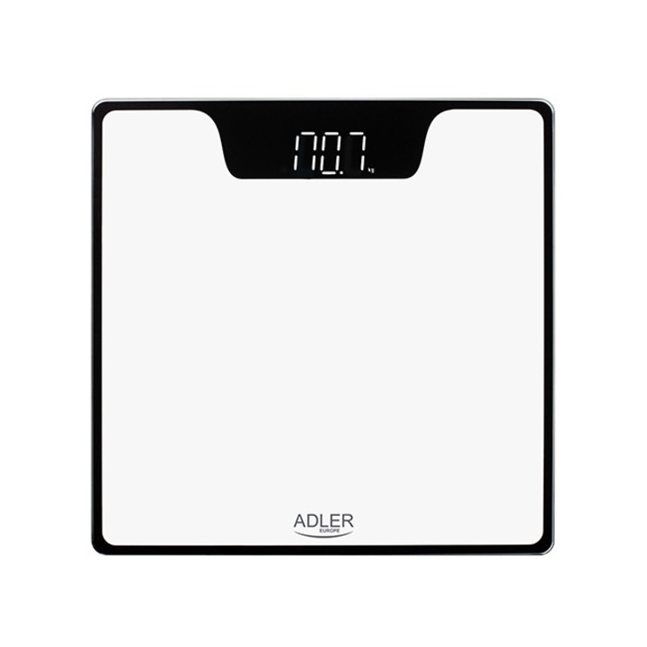 Везна за баня, Adler, Безопасно стъкло, LED дисплей, Максимален капацитет 180 Kg, Бяло/Черно