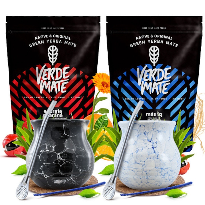 Комплект за чай Yerba Mate с 2 чаши и аксесоари, Yerba Mate, 2 x Зелен Mate, Плодов, 1 кг