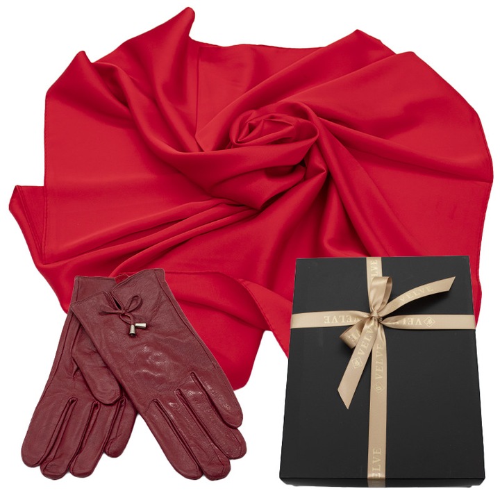 Női sál, szatén selyemből, hozzáillő kesztyűvel, Piros