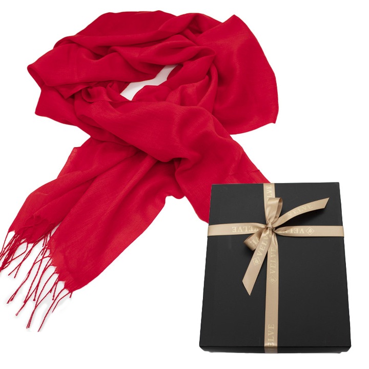 Kendő típusú sál, vékony anyagból, kasmírral, díszdobozban