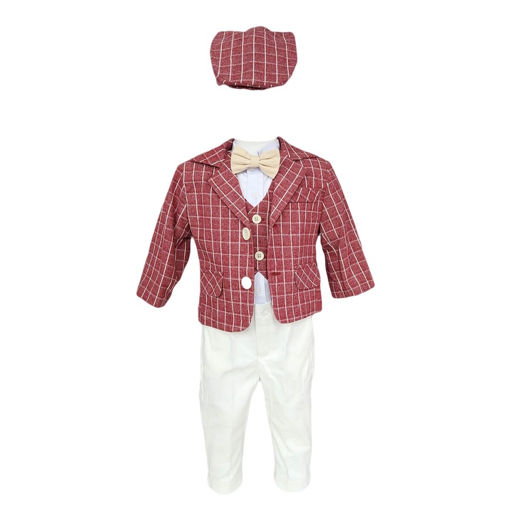 Costum botez, model Baby Boss in carouri de culoare visiniu-alb, varsta 3-6 luni