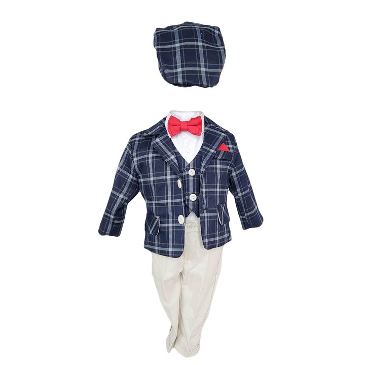 Costum botez, model Baby Boss in carouri de culoare bleumarin-alb, varsta 3 luni