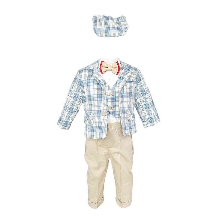 Costum botez, model Baby Boss in carouri de culoare turcoaz-crem, varsta 6-9 luni