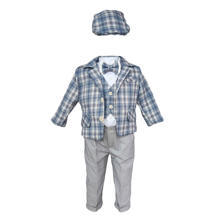 Costum botez, model Baby Boss in carouri de culoare gri-turcoaz, varsta 6-9 luni