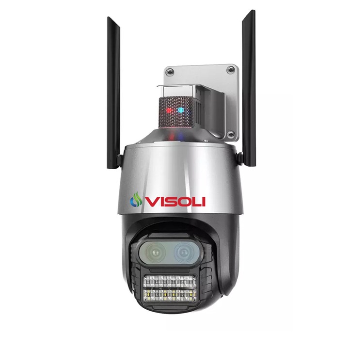 Camera de supraveghere WIFI Visoli® P10-PRO, 2 Lentile, Zoom 8X, exterior/interior, Full HD 4K, rotire din aplicatie, leduri lumina, bidirectionala, senzor miscare Alb