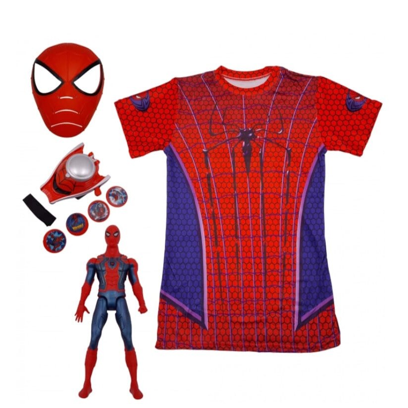 Set joc de rol Spiderman, pentru baieti, cu tricou marime universala,  masca, figurina cu lumina, lansator cu dischete, rosu - eMAG.ro
