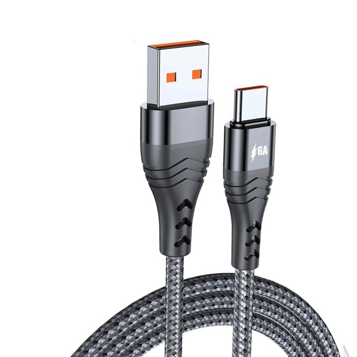 Cablu de date si incarcare compatibil Samsung USB type C,66W 6A, 2metri, Nylon gri