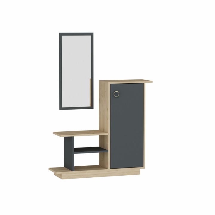 Set mobilier hol, pantofar cu polite si oglinda, stejar - antracit, 80 x 90 x 29.5 cm, Asos Home
