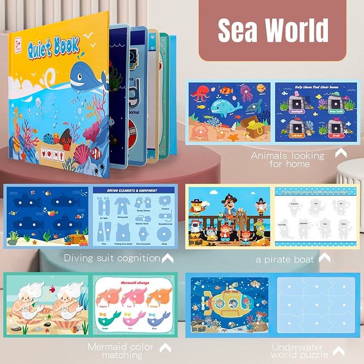 Carte educativa cu stickere reutilizabile Quiet Book - Lumea Oceanelor, 10 pagini, Toyska®