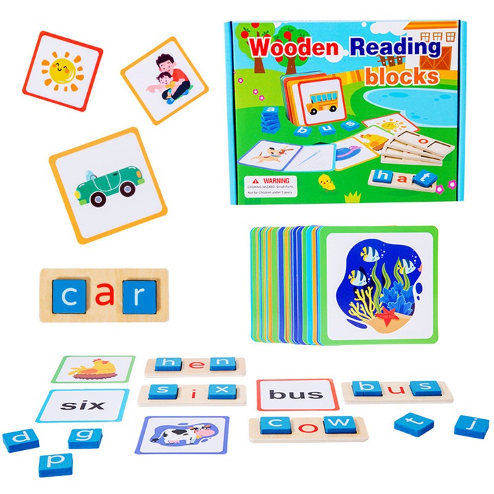 Комплект образователни игри азбука Монтесори, MorFansi, съвпадение на кубчета букви и картон, 3 години+, многоцветен