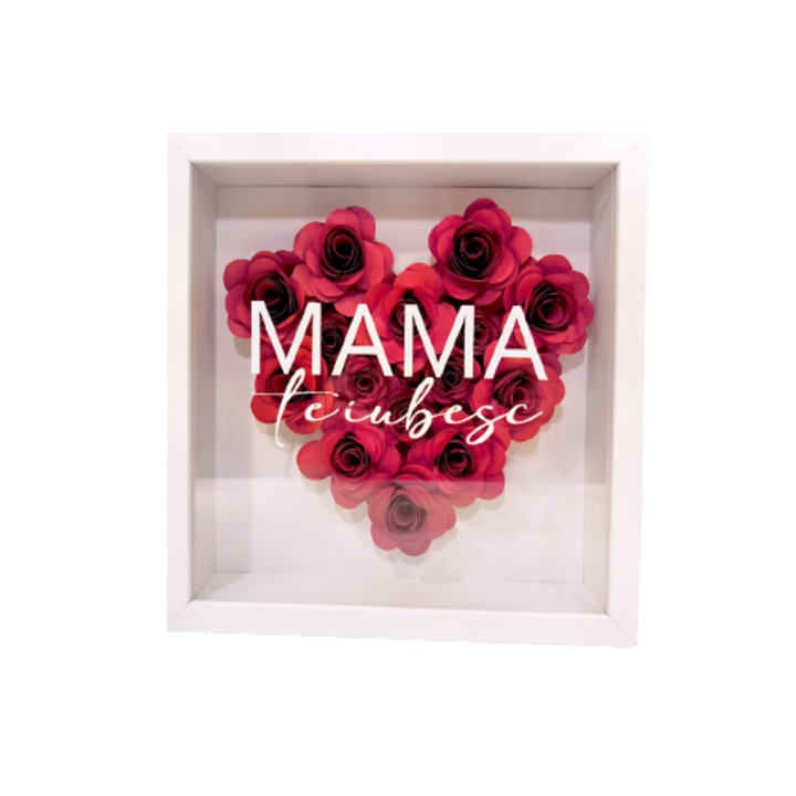 Tablou cu flori din hartie realizate manual si mesajul Mama te iubesc, 25x25cm, Rosu