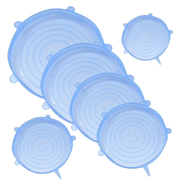 Set 6 capace flexibile din silicon, diferite dimensiuni, reutilizabile, elastice, albastru transparent