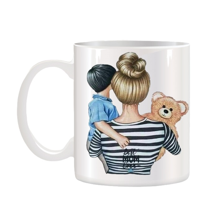 Cana alba personalizata ceramica, Mama si Fiu, Stickers Factory, 330 ml