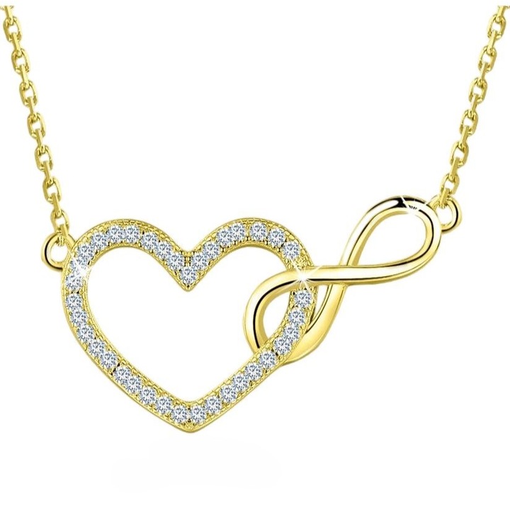 Дамско колие с висулка във формата на сърце и символ на безкрайността Bydgoska Mint, 925 сребърно покритие със златни/циркониеви камъни, Регулируема дължина 45-50 см, Златист