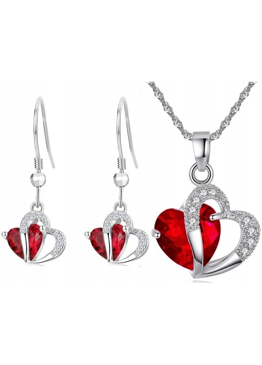 Set bijuterii dama, argint 925, colier, lant, pandantiv si cercei, model inima, cu pietre de zirconiu, perfect pentru femeie, sotie sau iubita