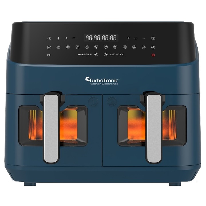 Friteuza profesionala dubla cu aer cald TurboTronic XXL TT-DAF6, 3000W, 9 litri, termostat reglabil 50 - 200°, temporizator, fara ulei, albastru