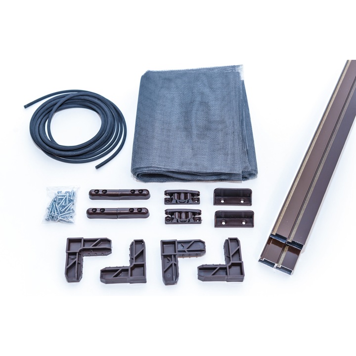 Kit plasa tantari completa pentru fereastra, din aluminiu, INSECTE STOP, pe balamale, maro, 50 x 120 cm