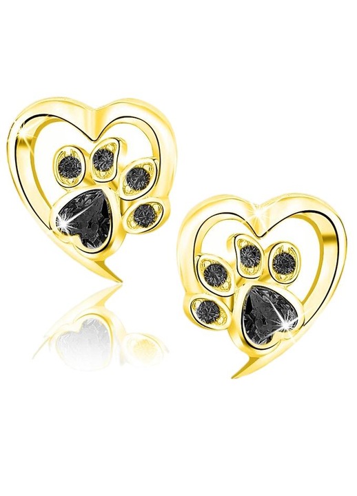 Női szív/mancs fülbevaló, Mennica Bydgoska, ezüst/cirkónium kövek, 10x10 mm, arany/fekete