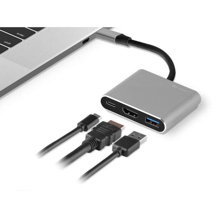 Adaptor Tracer, USB-C, HDMI 4K, USB 3.0, 100 W, Aluminiu, Gri