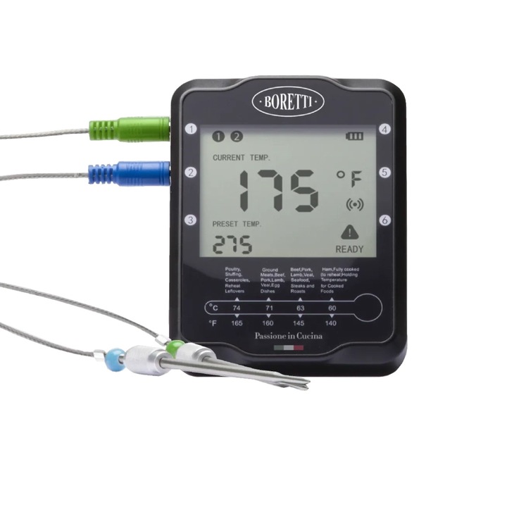 Termometru alimentar cu doua sonde Boretti, interval de masurare 0-380°C, control prin aplicatie, masurare rapida, afisaj digital, timer, pentru toate tipurile de alimente inclusiv lichide, negru