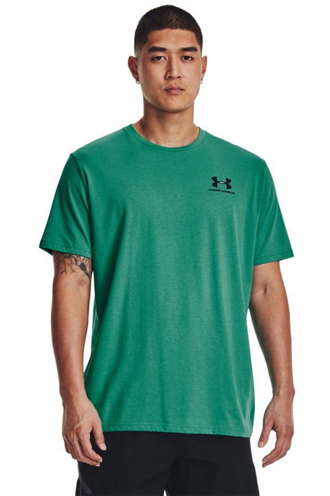 Under Armour, Фитнес тениска Sportstyle с овално деколте, Тъмнозелен/Избеляло черно