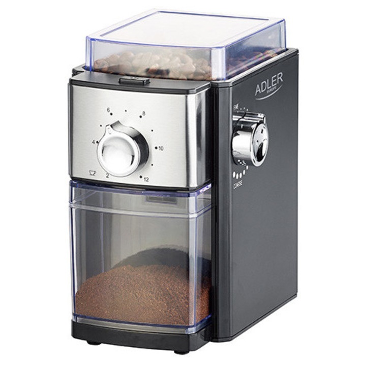Кафемелачка ADLER, Капацитет 250 г, Кафе на зърна 100 г, 300 W, Черен/Сив