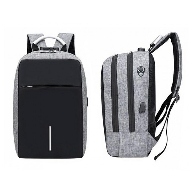 Rucsac sport, ATL, Poliester, Cu lacat, Impermeabil, Port USB, Compartiment laptop, 42 x 28 x 15 cm. Gri/Negru