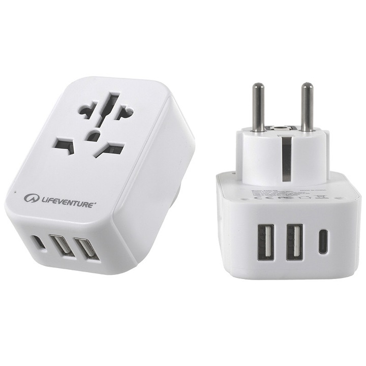Adaptor de calatorie si USB, Lifeventure, Alb