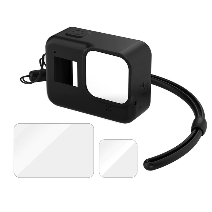 Husa silicon de protectie si folie sticla display + lentila pentru camere de actiune GoPro Hero 8 Black