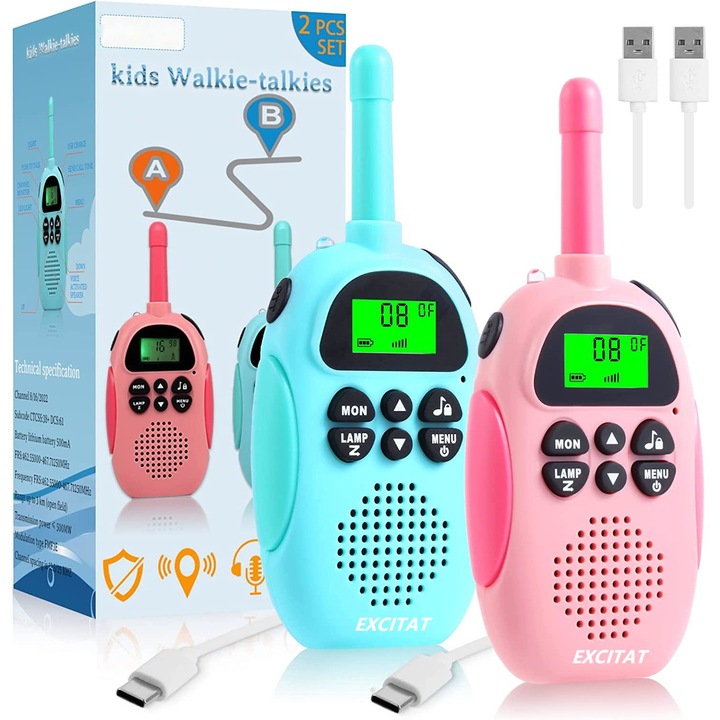 Excitat Walkie Talkie állomás készlet gyerekeknek, 2 db, antenna és zseblámpa, hatótávolság 3 km, VOX funkció, műanyag, ajánlott életkor +3 év, kék/rózsaszín