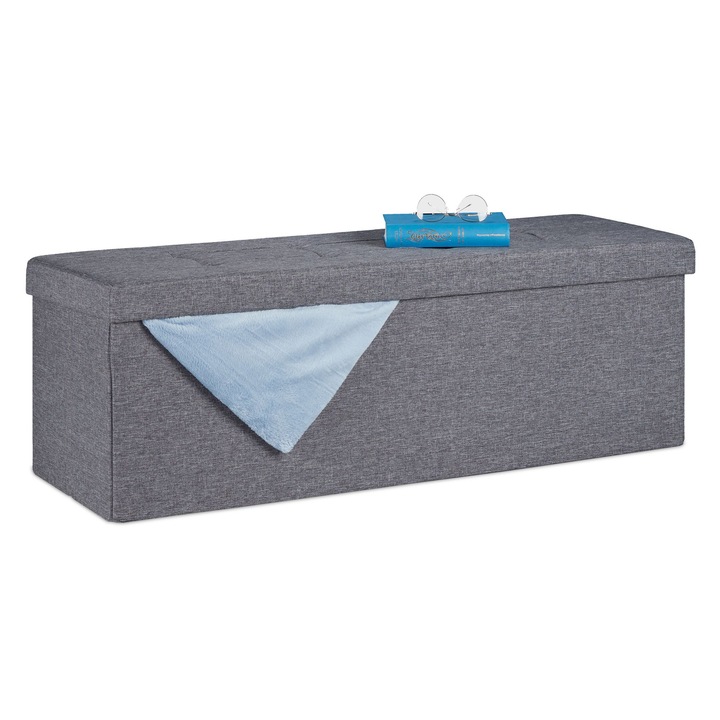 Banca cu spatiu de depozitare, Relaxdays, capacitate pana la 3 persoane, dimensiuni 38,5 x 114 x 37,5 cm, antracit