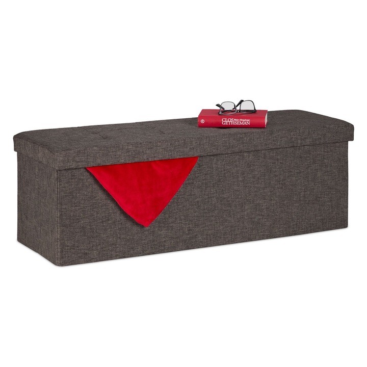 Banca cu spatiu de depozitare, Relaxdays, capacitate pana la 3 persoane, dimensiuni 38,5 x 114 x 37,5 cm, maro