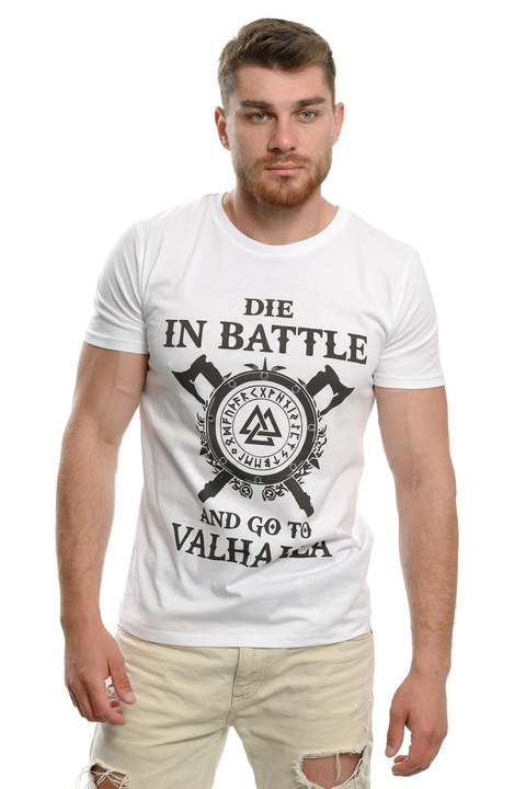 Férfi póló Printex, Vikingek tévésorozat, VALHALLA, Halj meg a csatában és menj a VALHALLÁBA, Digitális nyomtatás, Fehér