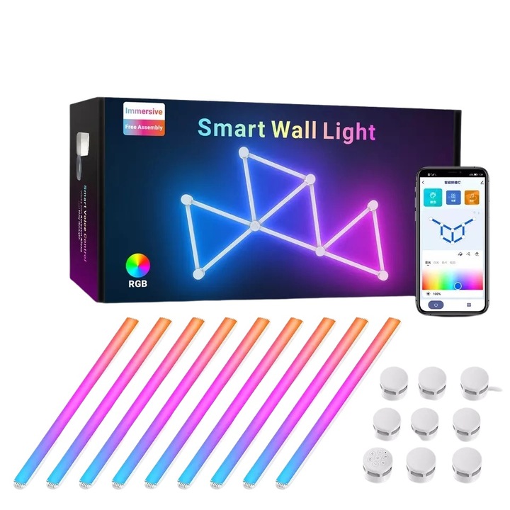 Kit 9 panouri LED RGBW luminoase modulare inteligente LightinLove®, Wi-Fi, sincronziare muzica, lumina alba si colorata reglabila, WiFi 2.4G, Bluetooth 5.1, compatibil Tuya Smart Life, Amazon Alexa, Google Assistant
