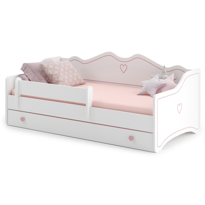 Pat pentru fetite Emma 180x80 cm cu saltea, sertar si bariera de siguranta, alb – Tenshop