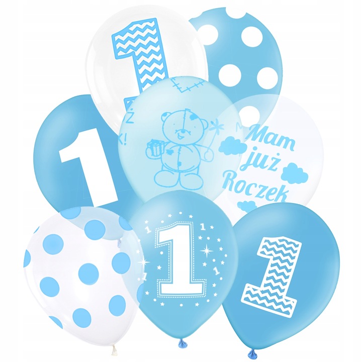 Комплект от 8 балона за рожден ден, Vixen, латекс, 38 см, син/бял