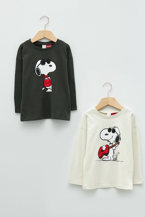 LC WAIKIKI, Set de bluze cu maneci cazute si imprimeu cu Snoopy - 2 piese, Rosu/Alb/Negru