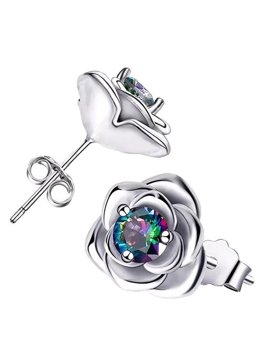 Cercei dama, Mennica Bydgoska, Model Flori, Argint 925, Pietre Zirconiu, Argintiu/Albastru