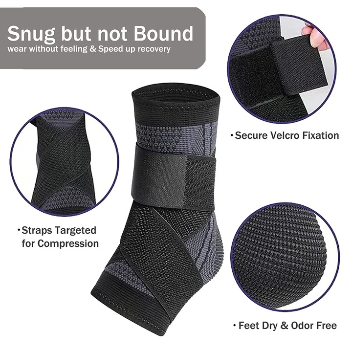 Orteza elastica glezna, manson de compresie si banda ajustabila cu velcro, unisex, Negru, L