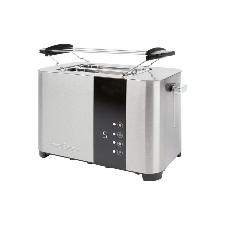 Тостер Proficook, PC-TA1250, 2 филийки хляб, 7 нива на препичане, сензорен екран, функция размразяване, функция за претопляне, функция Quick Stop, автоматично центриране, аксесоар за нагряване на кифлички, неръждаема стомана