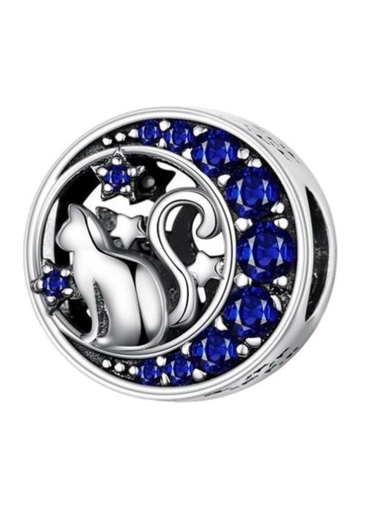 Талисман луна/котки, Mennica Bydgoska, камък сребро/циркон, сребрист/синьо, съвместим с гривна Pandora