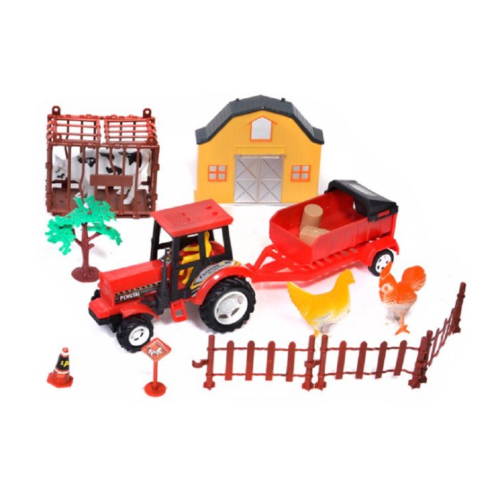 Set ferma, include tractor, ferma, animale si diverse accesorii, material plastic, culoare multicolor, dimensiuni 37 x 29 x 8 cm